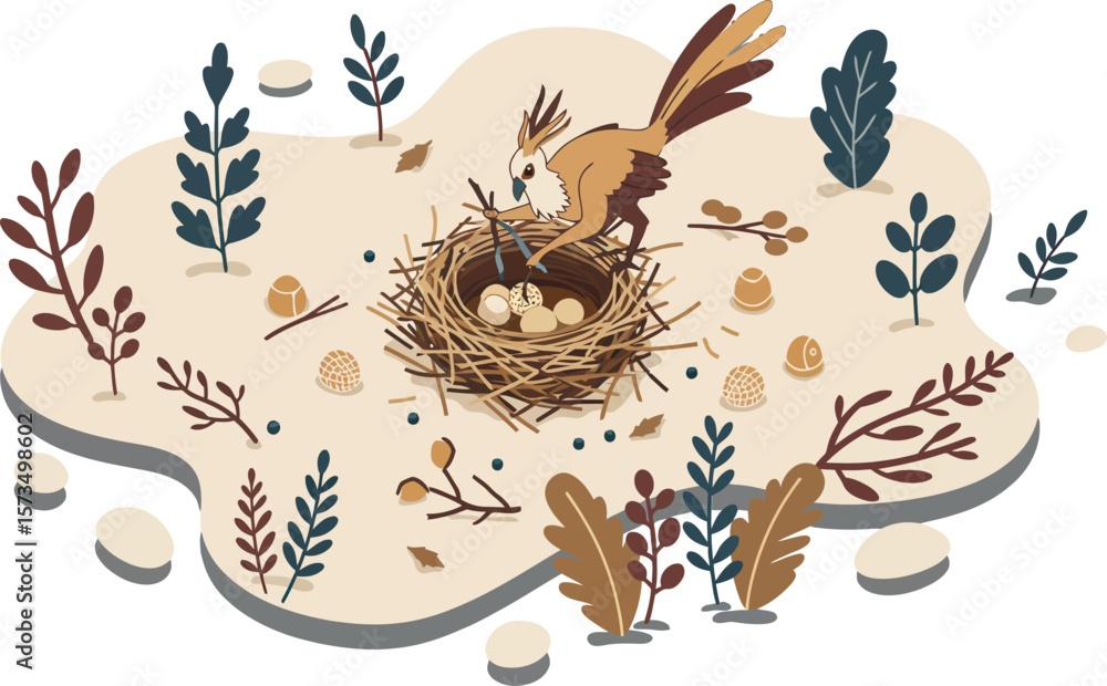 Poster bird sitting in nest with eggs surrounded by leaves and nature elements in soft neutral tones vector