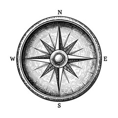 Vintage nautical compass rose engraving in black and white style  