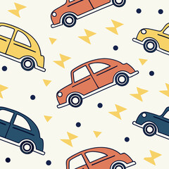 Obraz premium A vintage-inspired seamless pattern featuring colorful retro cars, yellow lightning bolts, and polka dots. Ideal for kid’s apparel, bedding, and party supplies.