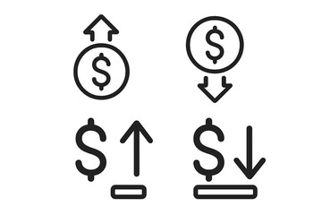 Dollar Currency Symbol with Up and Down Arrow Icons. Financial Growth and Decline, Price Increase and Decrease, Profit and Loss, Money Rate Change. Vector Set for App, Website, Transparent Background
