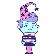 happy cartoon wizard with stack of new books in bright neon color