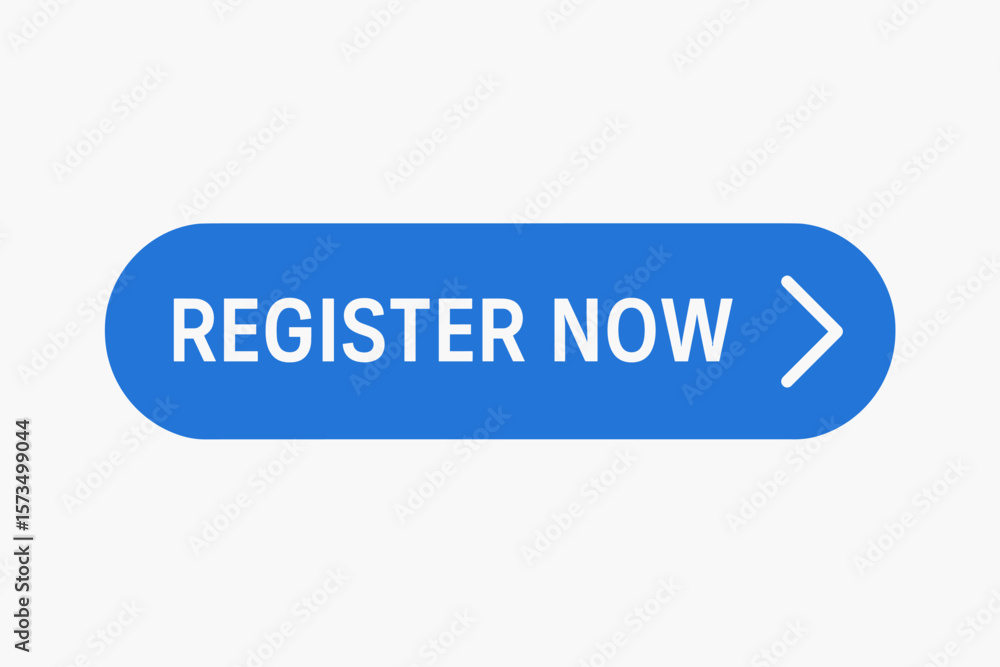 Aufkleber register now button vector. blue rounded web button with register now text and arrow icon. modern ui