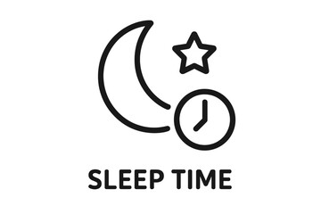 Sleep time icon with moon, star, clock. Sleep tracking symbol for health app. Bedtime, night, dream concept. Circadian rhythm, insomnia aid. Wellness and rest vector sign.