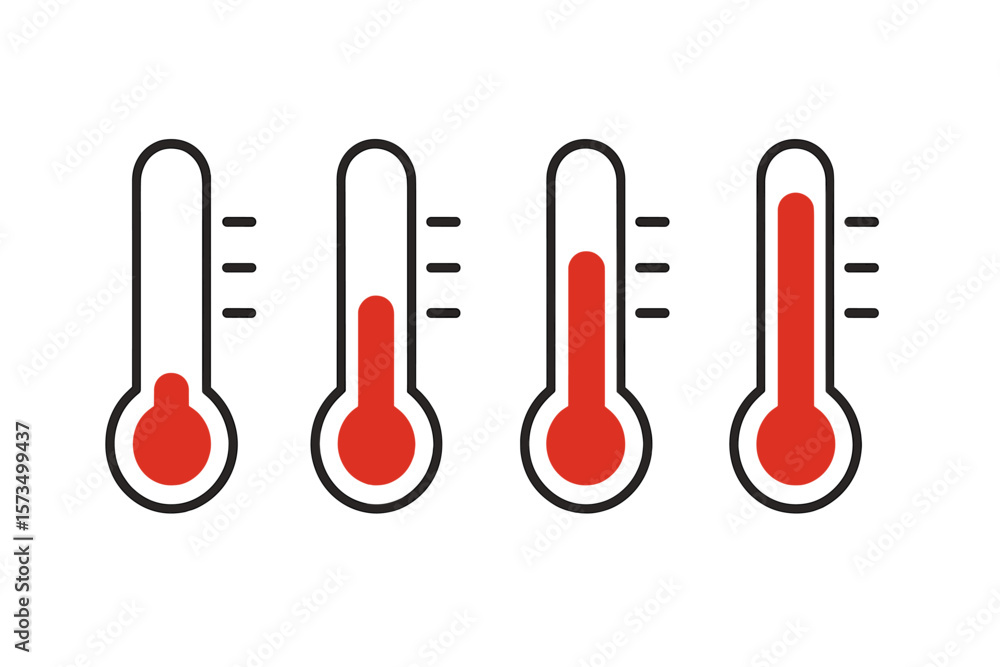 Poster thermometer set. temperature level indicator. heat and cold measurement icons. progress bar. red mer
