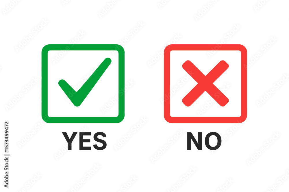 Aufkleber green check mark and red cross icon set, yes and no checkbox symbols, decision buttons, approval and