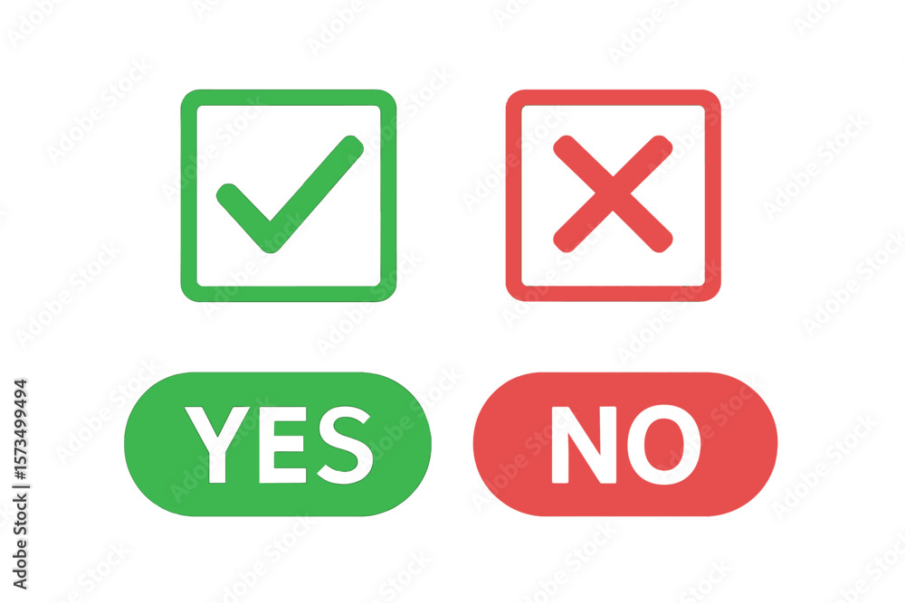 Poster green check mark and red cross icon set. yes no buttons. approval rejection symbols. tick and cross 