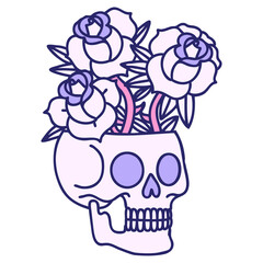 tattoo in traditional style of a skull and roses in bright neon color