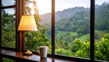 Cozy lamp and coffee by a window, rain forest view