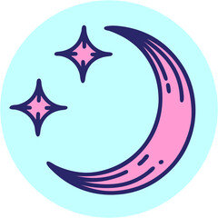 iconic tattoo style image of a moon and stars in bright neon color