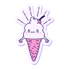 sticker of a tattoo style ice cream character in bright neon color