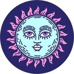 iconic tattoo style image of a sun with face in bright neon color
