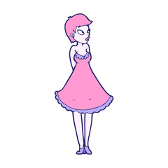 cartoon pretty woman in dress in bright neon color