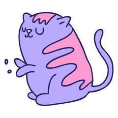 hand drawn quirky cartoon cat in bright neon color