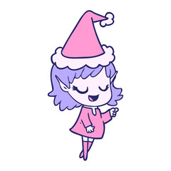 happy hand drawn line drawing of a elf girl pointing wearing santa hat in bright neon color