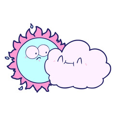 cute cartoon cloud and sun in bright neon color