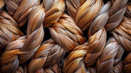 Interwoven, textured brown organic material with highlights and shadows in close-up