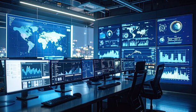 Modern control room with screens