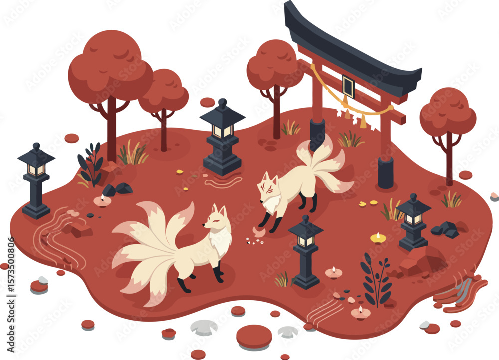 Poster japanese garden with torii gate and two white foxes surrounded by red autumn trees and lanterns vect