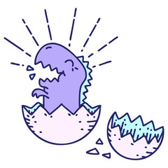 illustration of a traditional tattoo style hatching dinosaur in bright neon color