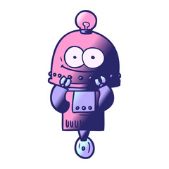 happy carton robot with light bulb in bright neon color
