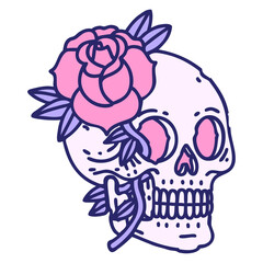 iconic tattoo style image of a skull and rose in bright neon color
