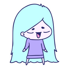 freehand drawn cartoon of cute kawaii long haired girl in bright neon color