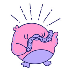 illustration of a traditional tattoo style robin with worm in bright neon color