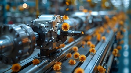 Fototapeta premium Metal machinery blurred, interspersed with orange blossoms, conveying industry