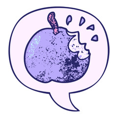cartoon fresh bitten apple with speech bubble in retro texture style in bright neon color