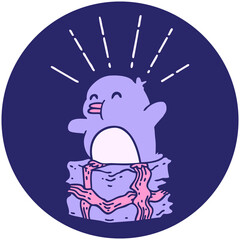 icon of a tattoo style penguin sitting on present in bright neon color