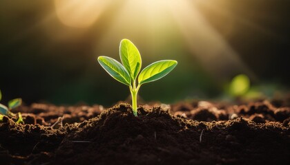 a vibrant green sprout pushing through dark soil basking in soft light