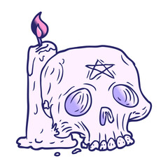 cartoon spooky skull and candle in bright neon color