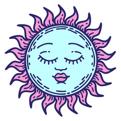 tattoo in traditional style of a sun in bright neon color