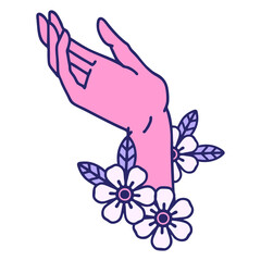 iconic tattoo style image of a hand in bright neon color