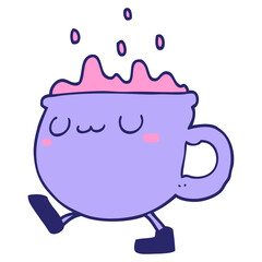 cartoon coffee cup walking in bright neon color