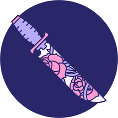 iconic tattoo style image of a dagger and flowers in bright neon color