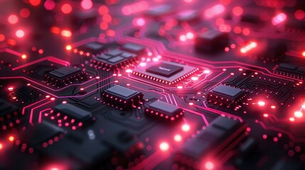 Illuminated circuit board with glowing red lines and components in soft focus