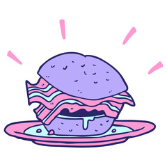 cartoon amazingly tasty bacon breakfast sandwich with cheese in bright neon color