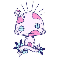 scroll banner with tattoo style toadstool house in bright neon color