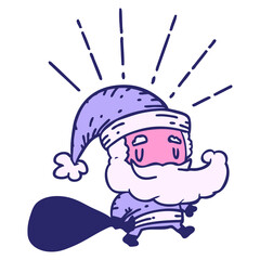 illustration of a traditional tattoo style santa claus christmas character with sack in bright neon color