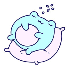 cartoon of a cute frog sleeping on a pillow in bright neon color