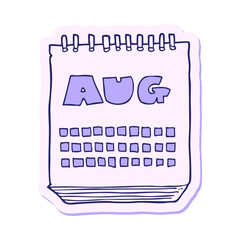 sticker of a cartoon calendar showing month of august in bright neon color