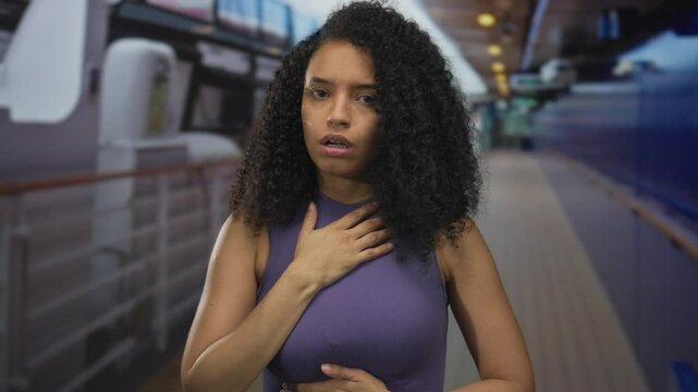 Woman experiencing motion sickness on cruise ship feels unwell standing on deck with hand on stomach under sunny seaside setting.