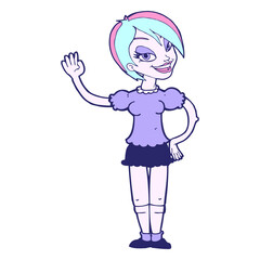 cartoon waving woman in bright neon color