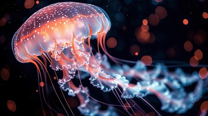 Luminous jellyfish swims in dark ocean; glowing spots and trailing tentacles