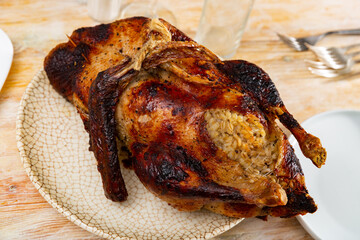 Popular dish all over the world appetizing baked duck stuffed with pearl barley