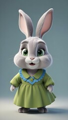 Obraz premium adorable cartoon style An elderly grey rabbit with large green eyes and ears wearing a dress, looking directly at the camera