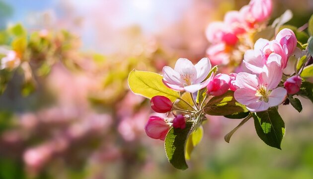close up of a blooming apple tree on a sunny spring day beautiful background with pink flowers of a spring tree a branch