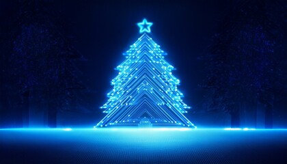 neon blue pixel christmas tree graphic