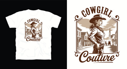 T-shirt design with text "Cow girl Couture" vintage Western Cow Girl T-shirt Design